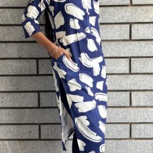 Stylish Abstract Printed Blue & White Rayon Kurti with Side Pockets for Women