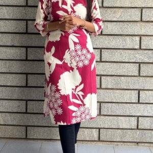 Stylish Floral Printed Cotton Kurti for Women – Maroon & White | Daily Wear / Office Wear Kurta
