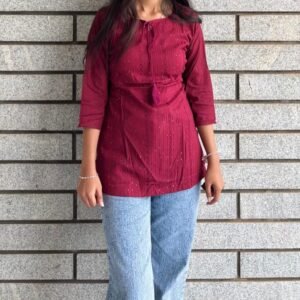 Trendy Maroon Cotton Embroidered Short Kurti / Top for Women
