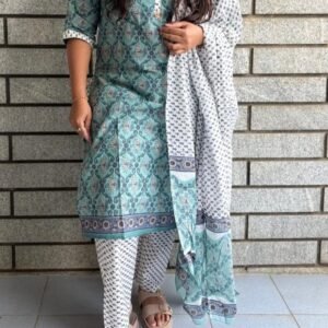 Elegant Green Floral Printed Cotton Kurta Set with Dupatta for Women