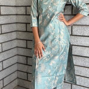 Stylish Sky Blue Floral Printed Cotton Kurta with Pant Set for Women (2-Piece Set)