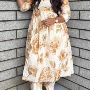 Elegant Cream Floral Printed Cotton Kurta Set for Women (Kurta & Pant Set)