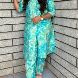 Women’s Elegant Printed Cotton Kurta Set with Pants – Aqua Blue & Green | Comfortable Daily Wear Ethnic Set