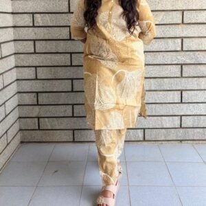 Elegant Olive Brown Leaf Print Cotton Kurta Set with Pant for Women