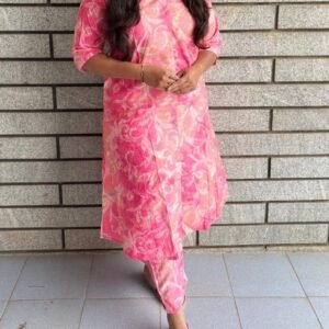 Elegant Pink Floral Printed Cotton Kurti with Pant Set for Women